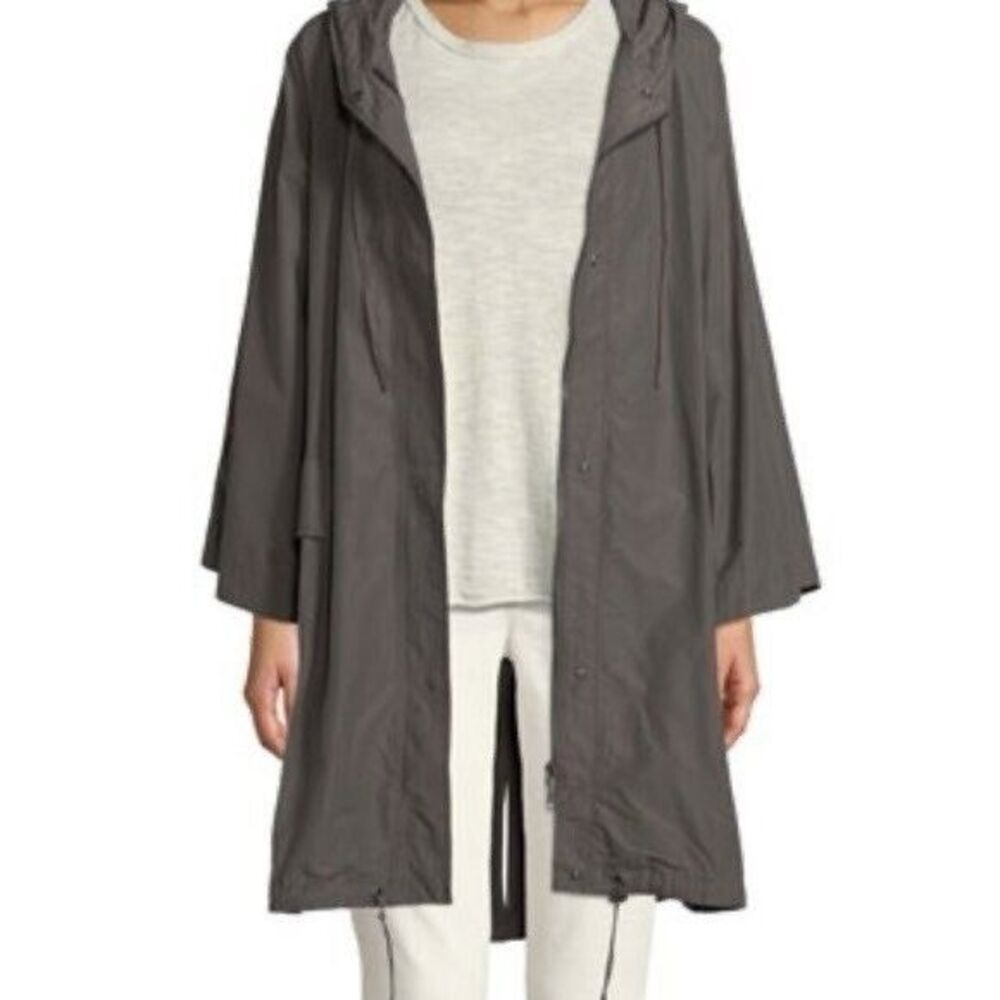 Eileen Fisher Jacket Women Size S Gray Hooded Windbreaker Cinched Waist
